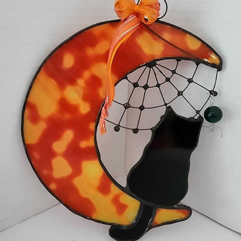 Stained Glass Cat On Moon With Spider Web-NICE!